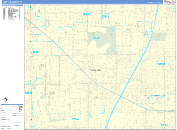 Fountain Valley City Wall Map Basic Style